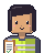 Dex’s pixel portrait: a black bob, a hi-vis vest with reflective stripes and a clipboard.