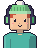 Moss’s pixel portrait: a green beanie with a bobble, red hair under it, headphones and a teal jumper.