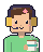 Poppy’s pixel portrait: brown hair, a headset with a microphone, a pink flower pin, a green jumper and a mug of tea.