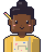 Wren’s pixel portrait: hair up in a bun, a pencil behind the ear, a yellow shirt under an apron with paint on it.
