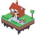 A courier holds out a parcel at the open door of a brick cottage, where someone waits with the cat, and the courier’s bike stands on the path with a crate full of parcels.