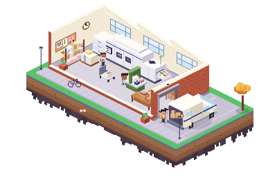 Onze drukkerij in pixels: een lange pers waar een bedrukt vel uit komt, met de kat erbovenop te slapen, iemand bij de snijmachine en een pakket dat naar een busje gaat.