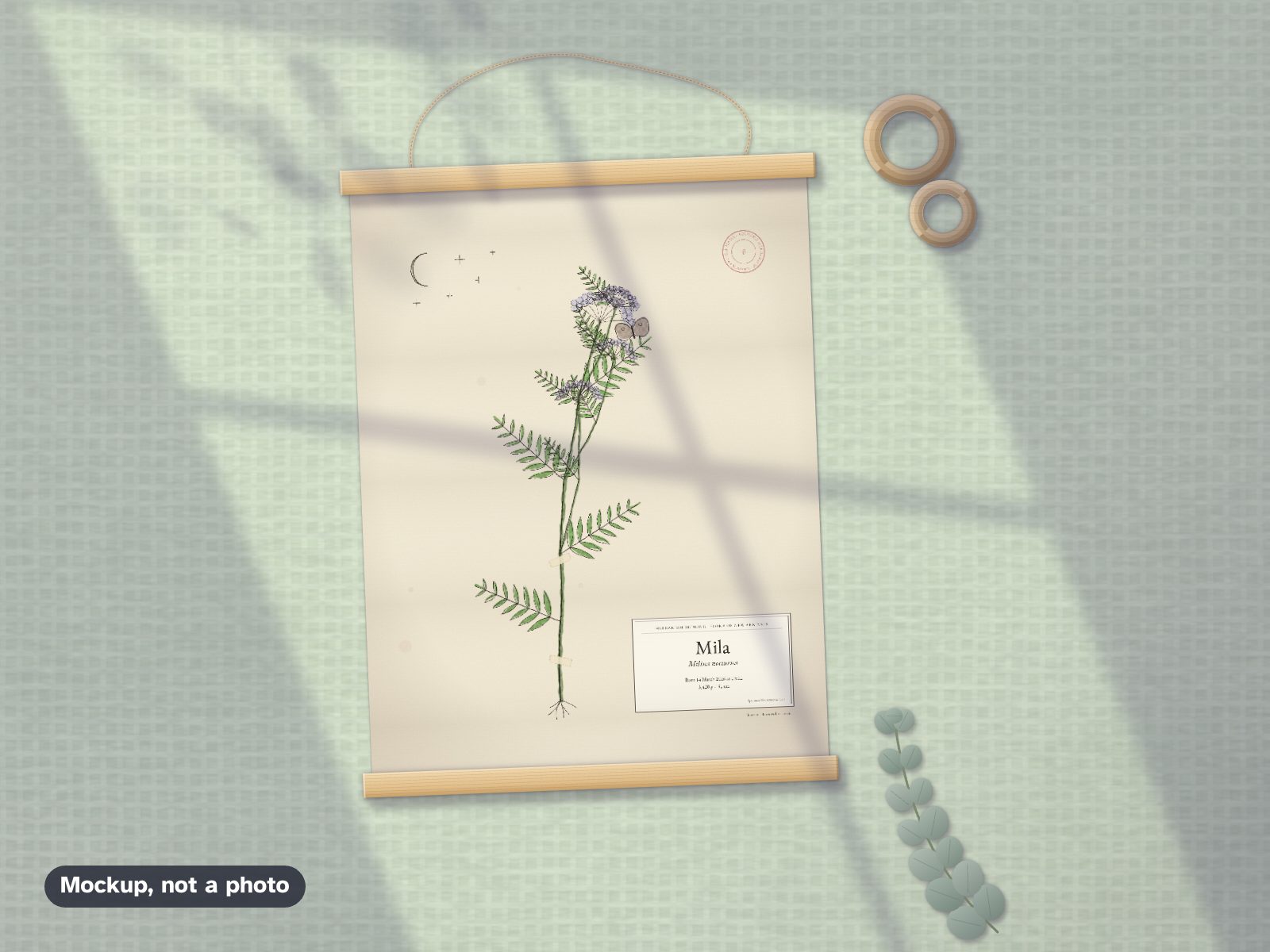 A textile birth poster between two wooden rails, lying on a sage-green baby blanket beside two wooden rings and a sprig of eucalyptus: a little plant grown from the name Mila. A mockup, not a photo.