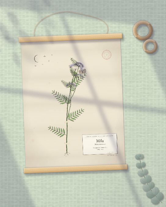 Ein Geburtsposter aus Textil zwischen zwei Holzleisten, auf einer salbeigrünen Babydecke neben zwei Holzringen und einem Eukalyptuszweig: ein Pflänzchen, gewachsen aus dem Namen Mila. Ein Mockup, kein Foto.