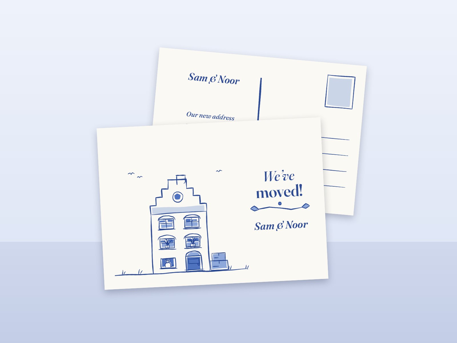 Two moving cards: a canal house painted in Delft blue and “We’ve moved!” on the front, a new address on the back. An illustration, not a photo.