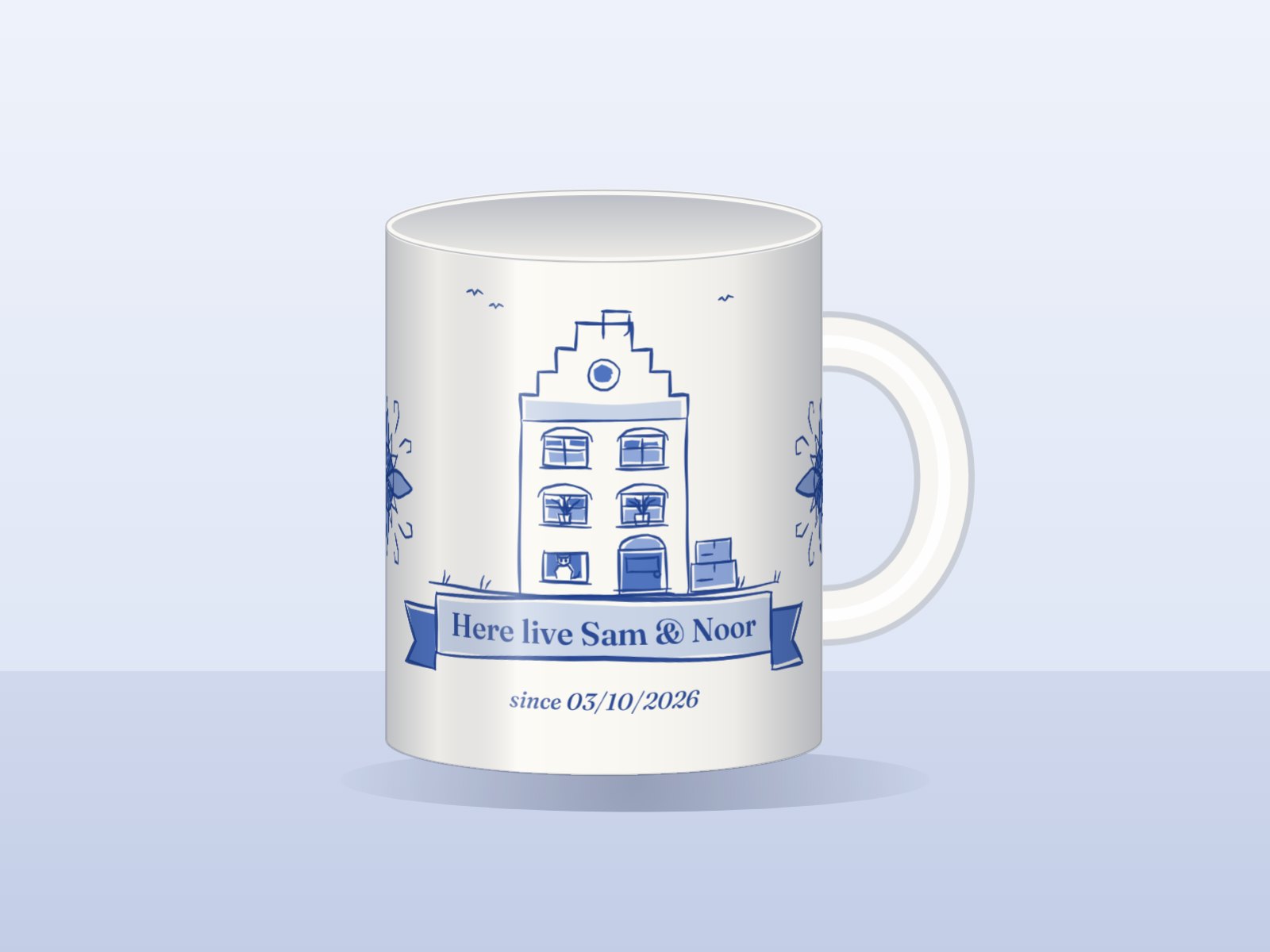 A white mug with a canal house painted in Delft blue, “Here live Sam & Noor”. An illustration, not a photo.